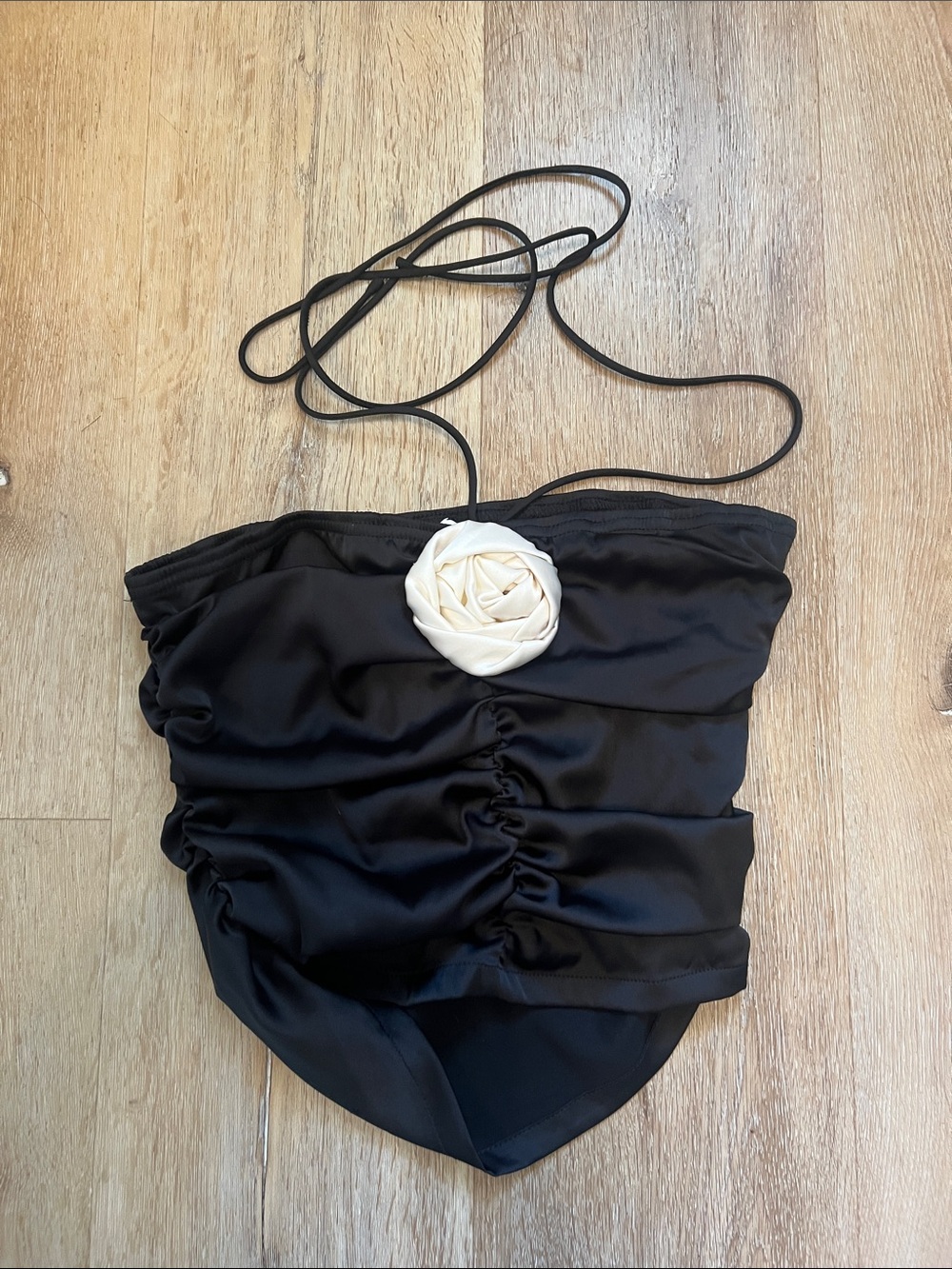 Honey Mango Black Ruched Strapless Small Top with Cream Flower Accent